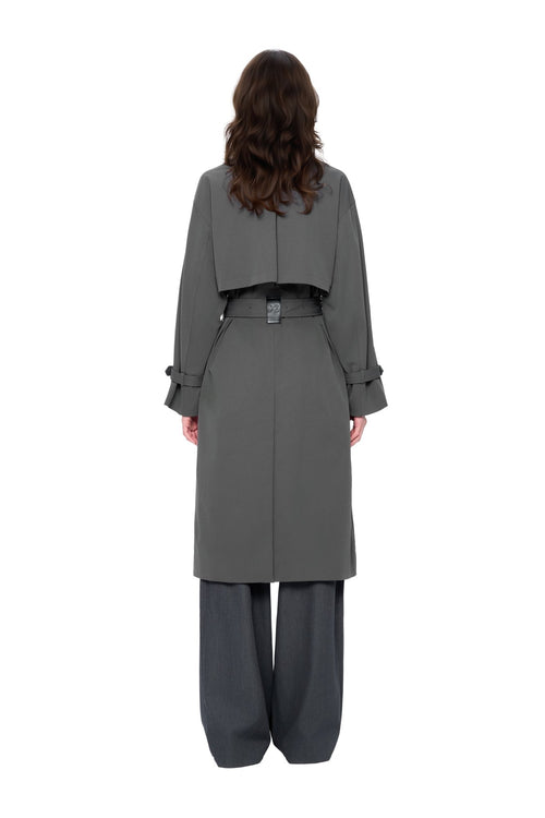 Dark Gray Long Double-breasted Trench Coat with Lapel - ANN ANDELMAN