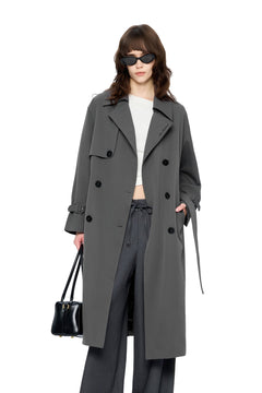 Dark Gray Long Double-breasted Trench Coat with Lapel - ANN ANDELMAN