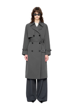 Dark Gray Long Double-breasted Trench Coat with Lapel - ANN ANDELMAN