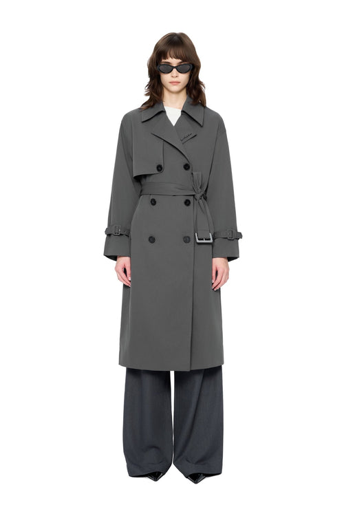 Dark Gray Long Double-breasted Trench Coat with Lapel - ANN ANDELMAN