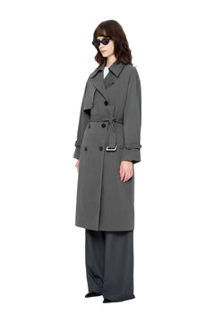 Dark Gray Long Double-breasted Trench Coat with Lapel - ANN ANDELMAN