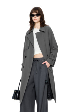 Dark Gray Long Double-breasted Trench Coat with Lapel - ANN ANDELMAN