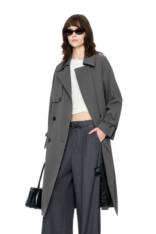 Dark Gray Long Double-breasted Trench Coat with Lapel - ANN ANDELMAN