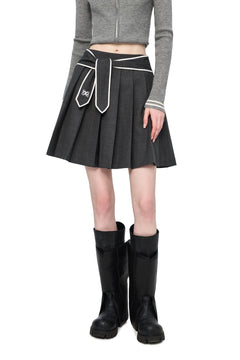 Dark Gray Navy Lace - up Pleated Midi Skirt - ANN ANDELMAN