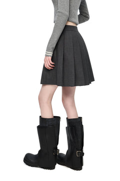 Dark Gray Navy Lace - up Pleated Midi Skirt - ANN ANDELMAN