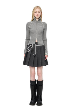 Dark Gray Navy Lace - up Pleated Midi Skirt - ANN ANDELMAN