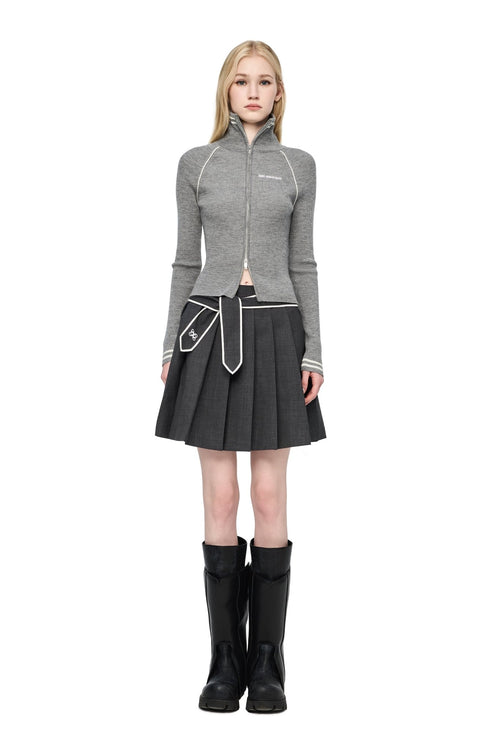 Dark Gray Navy Lace - up Pleated Midi Skirt - ANN ANDELMAN