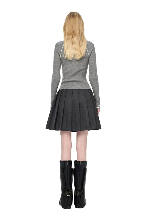 Dark Gray Navy Lace - up Pleated Midi Skirt - ANN ANDELMAN