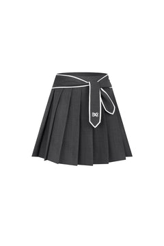 Dark Gray Navy Lace - up Pleated Midi Skirt - ANN ANDELMAN