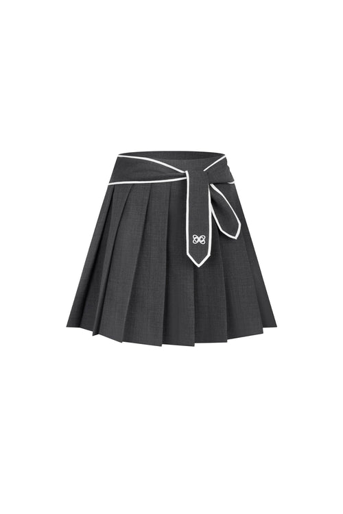 Dark Gray Navy Lace - up Pleated Midi Skirt - ANN ANDELMAN