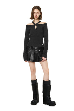 Dark Gray Off - shoulder Cross Strap Camisole Knit Top - ANN ANDELMAN