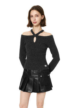 Dark Gray Off - shoulder Cross Strap Camisole Knit Top - ANN ANDELMAN