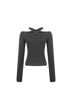 Dark Gray Off - shoulder Cross Strap Camisole Knit Top - ANN ANDELMAN