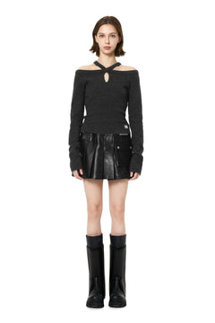 Dark Gray Off - shoulder Cross Strap Camisole Knit Top - ANN ANDELMAN