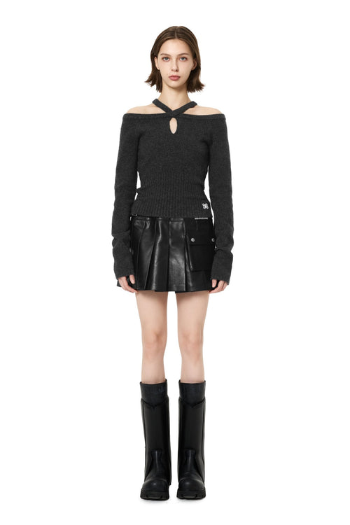 Dark Gray Off - shoulder Cross Strap Camisole Knit Top - ANN ANDELMAN