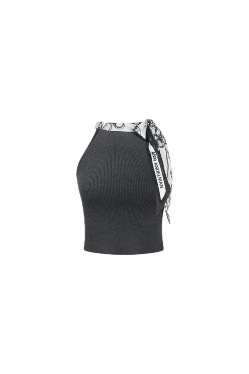 Dark Gray Printed Silk Scarf Knitted Vest - ANN ANDELMAN