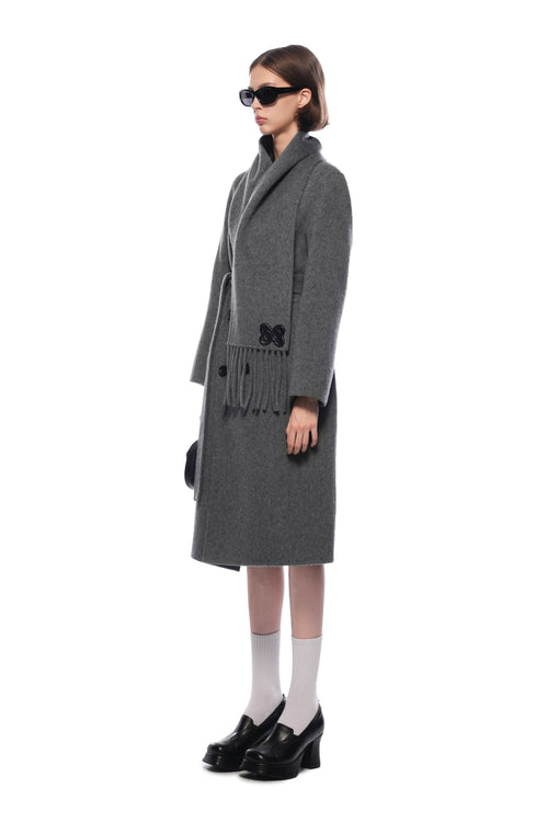 Dark Gray Scarf - style Long Belted Cashmere Coat - ANN ANDELMAN