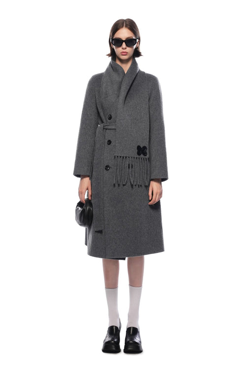Dark Gray Scarf - style Long Belted Cashmere Coat - ANN ANDELMAN