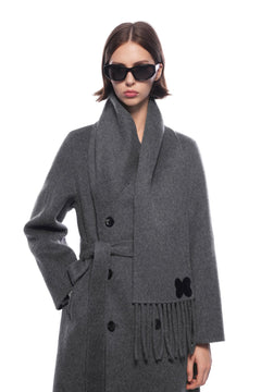 Dark Gray Scarf - style Long Belted Cashmere Coat - ANN ANDELMAN