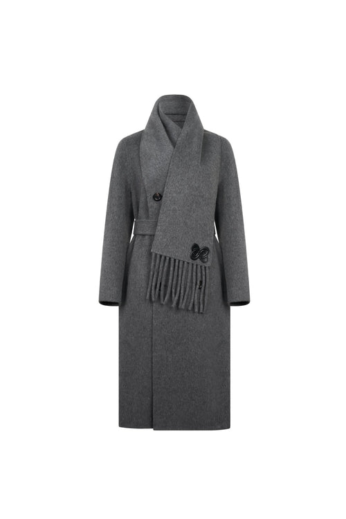 Dark Gray Scarf - style Long Belted Cashmere Coat - ANN ANDELMAN