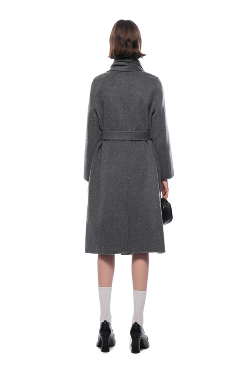 Dark Gray Scarf - style Long Belted Cashmere Coat - ANN ANDELMAN