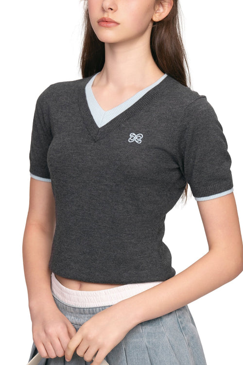 Dark Grey Double - Layered Contrast V - Neck Knitted T-Shirt - ANN ANDELMAN