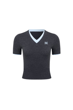 Dark Grey Double - Layered Contrast V - Neck Knitted T-Shirt - ANN ANDELMAN