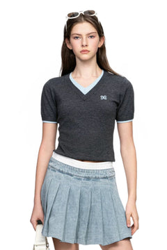 Dark Grey Double - Layered Contrast V - Neck Knitted T-Shirt - ANN ANDELMAN