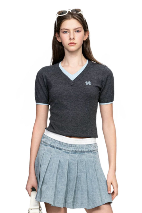 Dark Grey Double - Layered Contrast V - Neck Knitted T-Shirt - ANN ANDELMAN