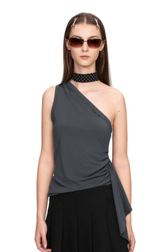 Dark Grey One Shoulder Stretch Knit Ribbon Tops - ANN ANDELMAN