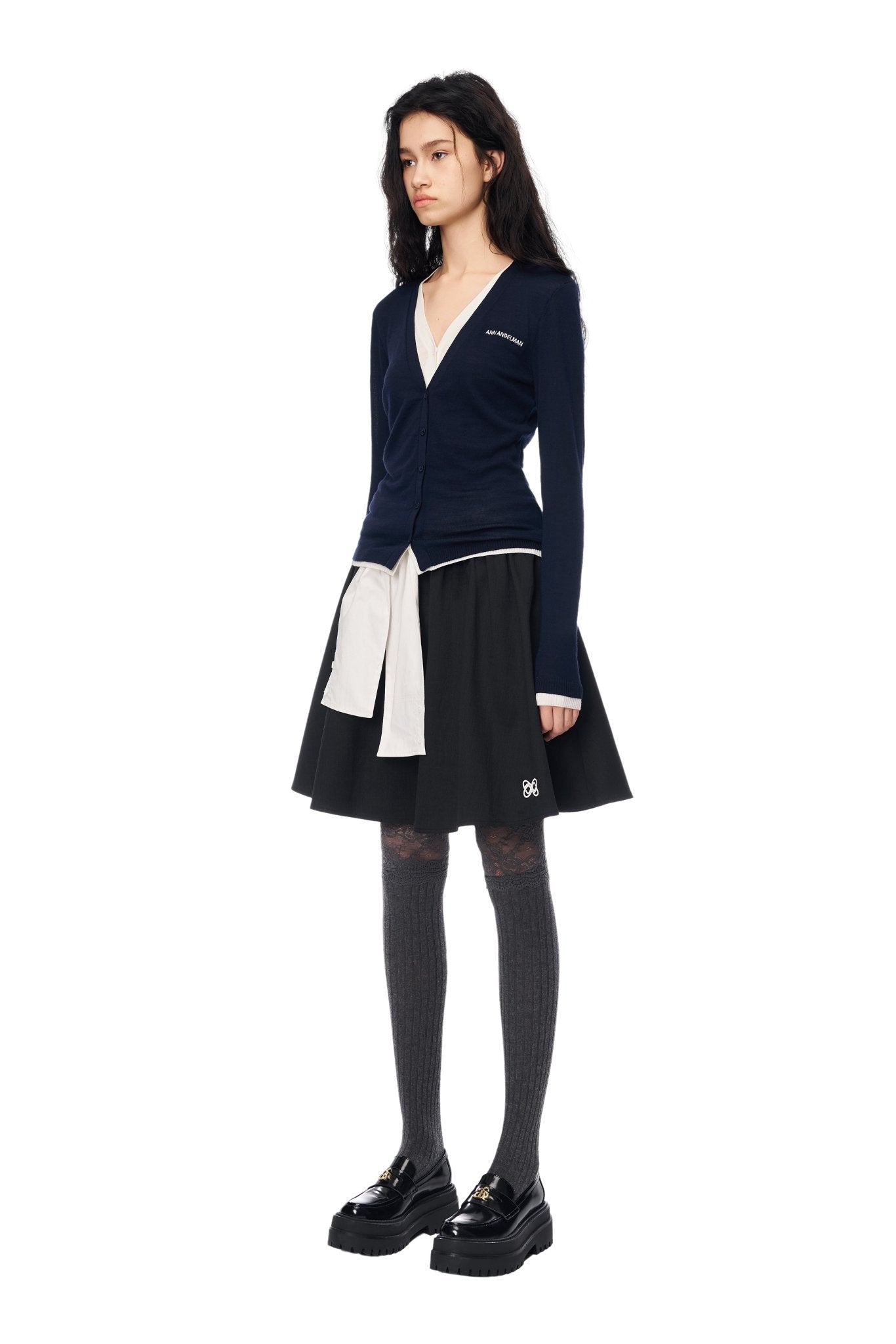 ANN ANDELMAN ダークネイビー カーディガン 美品 Dark Royal Blue Fake Two-piece Wool Long-sleeved Cardigan | Ann