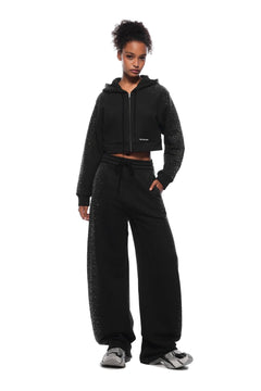 Gray - black Rhinestone Curved Sweatpants - ANN ANDELMAN