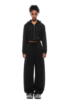 Gray - black Rhinestone Curved Sweatpants - ANN ANDELMAN