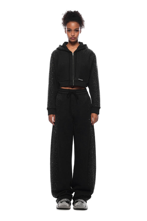 Gray - black Rhinestone Curved Sweatpants - ANN ANDELMAN