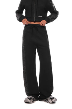 Gray - black Rhinestone Curved Sweatpants - ANN ANDELMAN