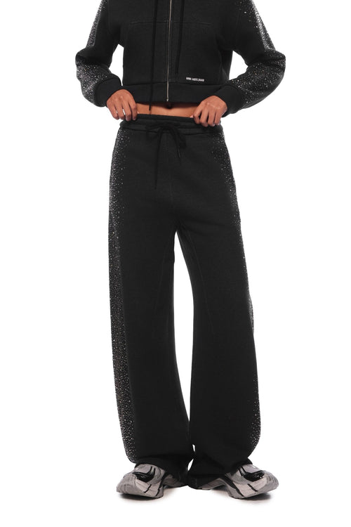 Gray - black Rhinestone Curved Sweatpants - ANN ANDELMAN