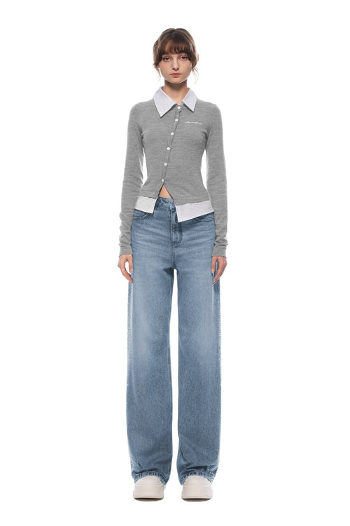 Gray Fake Two - piece Woolen Knit Shirt - ANN ANDELMAN