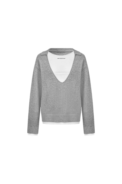 Gray Faux Two - piece Pullover Knit Sweater - ANN ANDELMAN