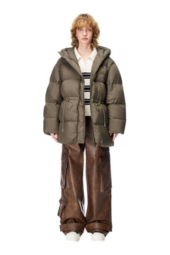 Gray - Green Drawstring Long Down Jacket - ANN ANDELMAN
