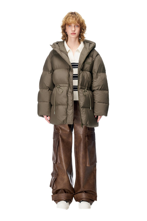 Gray - Green Drawstring Long Down Jacket - ANN ANDELMAN