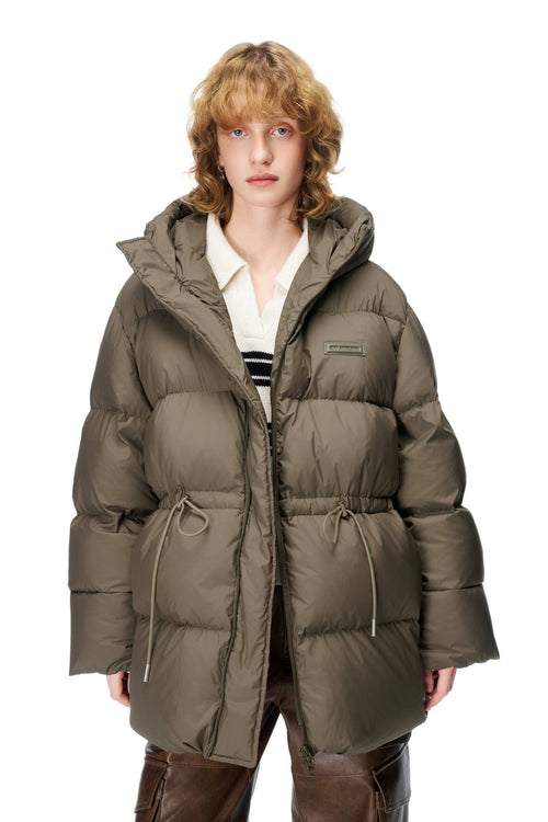 Gray - Green Drawstring Long Down Jacket - ANN ANDELMAN