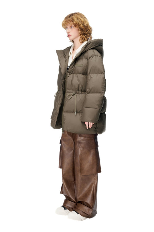 Gray - Green Drawstring Long Down Jacket - ANN ANDELMAN
