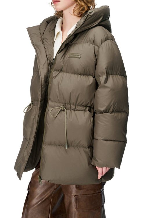 Gray - Green Drawstring Long Down Jacket - ANN ANDELMAN