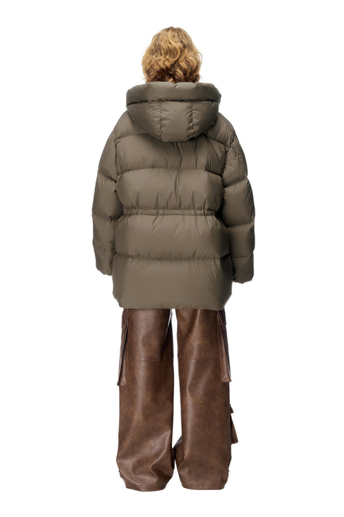 Gray - Green Drawstring Long Down Jacket - ANN ANDELMAN