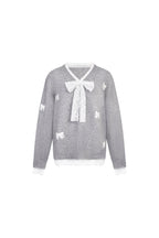 Gray Lace Bow V - neck Knit Sweater - ANN ANDELMAN