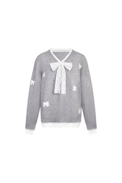Gray Lace Bow V - neck Knit Sweater - ANN ANDELMAN