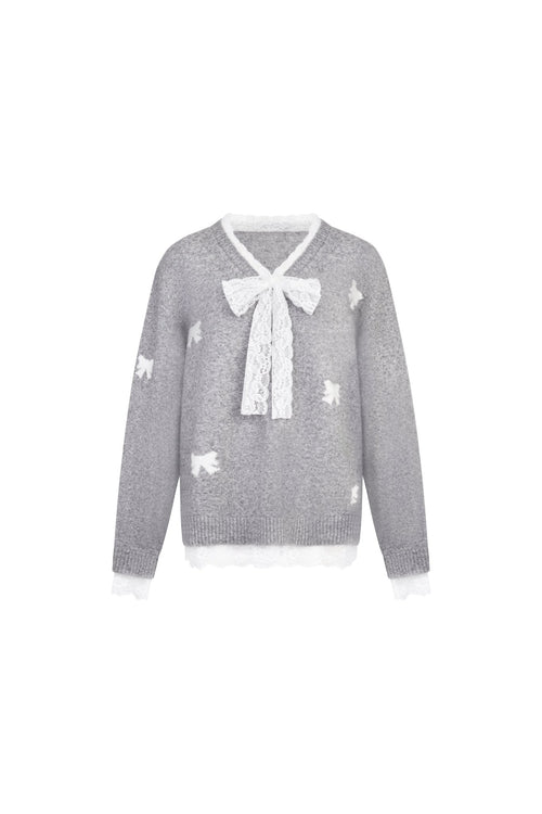 Gray Lace Bow V - neck Knit Sweater - ANN ANDELMAN