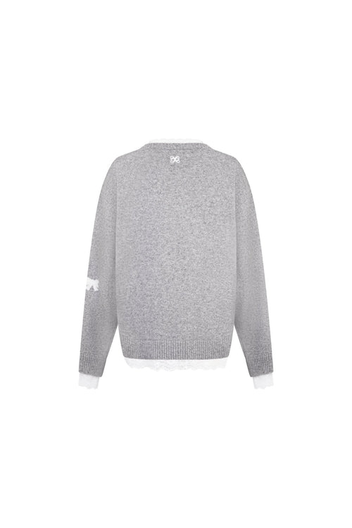 Gray Lace Bow V - neck Knit Sweater - ANN ANDELMAN