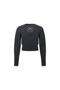 Gray Openwork Bow Rhinestone Chain Sweater - ANN ANDELMAN