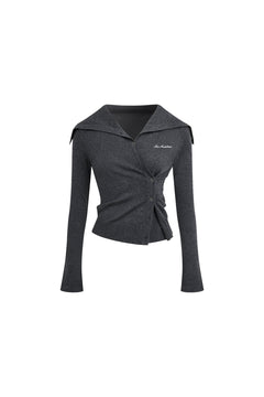 Gray Slanted Button Collar Fitted Top - ANN ANDELMAN